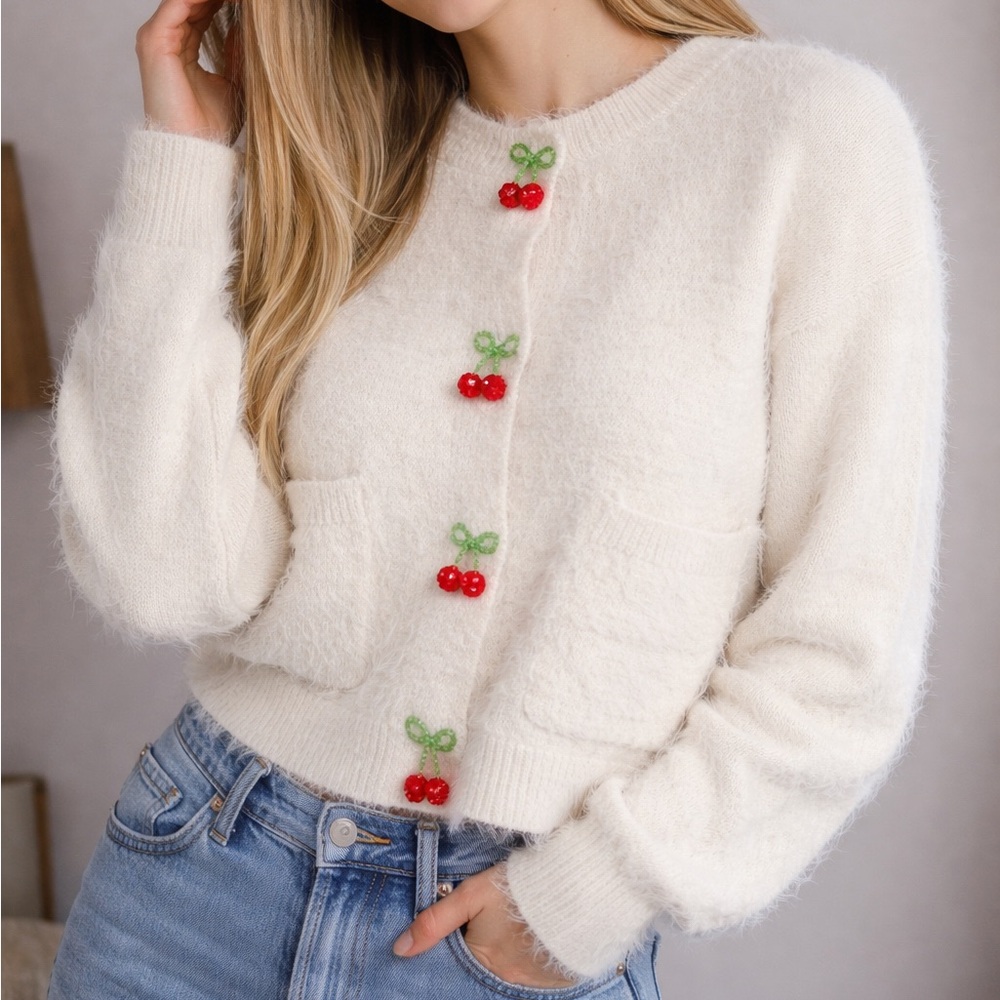 Fuzzy Cherry Button Cardigan – Soft Knit Crop Sweater